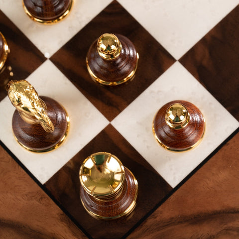 Italian Walnut Chess Set, Gold & Silver Plated, 51cm Board, Italfama