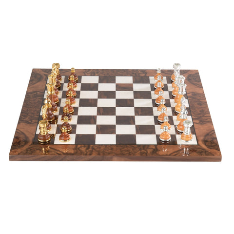 Italian Walnut Chess Set, Gold & Silver Plated, 51cm Board, Italfama