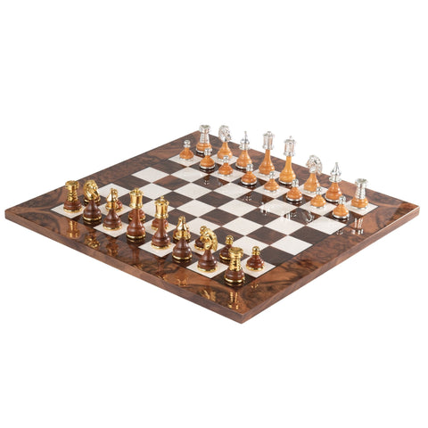 Italian Walnut Chess Set, Gold & Silver Plated, 51cm Board, Italfama