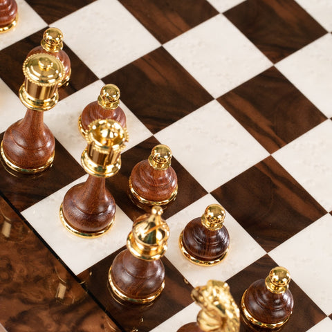 Italian Walnut Chess Set, Gold & Silver Plated, 51cm Board, Italfama