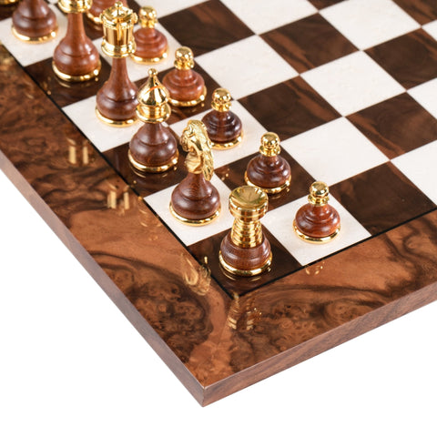 Italian Walnut Chess Set, Gold & Silver Plated, 51cm Board, Italfama