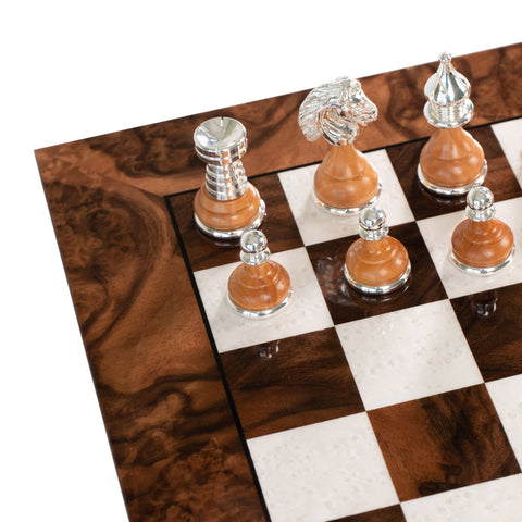 Italian Walnut Chess Set, Gold & Silver Plated, 51cm Board, Italfama