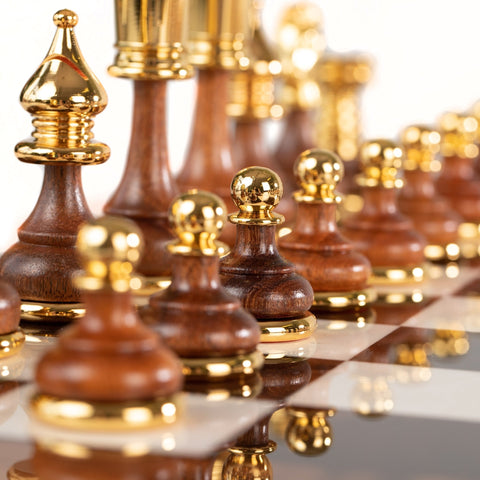 Italian Walnut Chess Set, Gold & Silver Plated, 51cm Board, Italfama