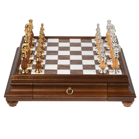 Italian Handmade Gold & Silver Brass Chess Set, Wood Board, Marble Top, Drawer