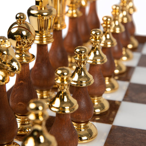 Italian Handmade Gold & Silver Brass Chess Set, Wood Board, Marble Top, Drawer