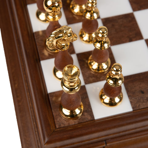 Italian Handmade Gold & Silver Brass Chess Set, Wood Board, Marble Top, Drawer