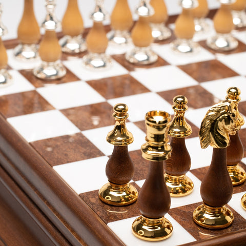 Italian Handmade Gold & Silver Brass Chess Set, Wood Board, Marble Top, Drawer