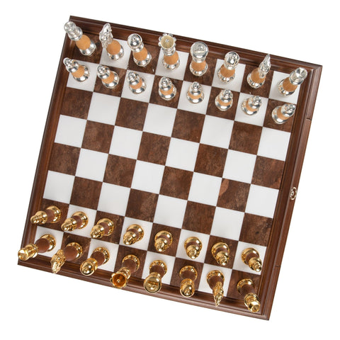 Italian Handmade Gold & Silver Brass Chess Set, Wood Board, Marble Top, Drawer