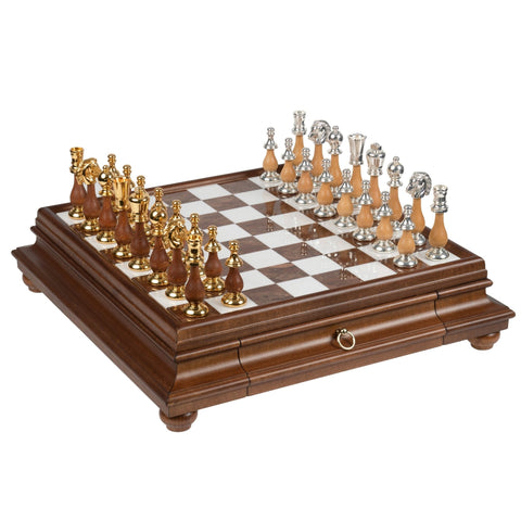 Italian Handmade Gold & Silver Brass Chess Set, Wood Board, Marble Top, Drawer