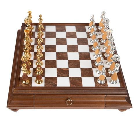 Italian Handmade Gold & Silver Brass Chess Set, Wood Board, Marble Top, Drawer