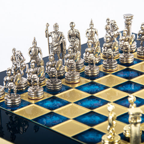 Greek Roman Period Metal Chess Set Gold & Silver Chessmen 28Cm Manopoulos S3Blu
