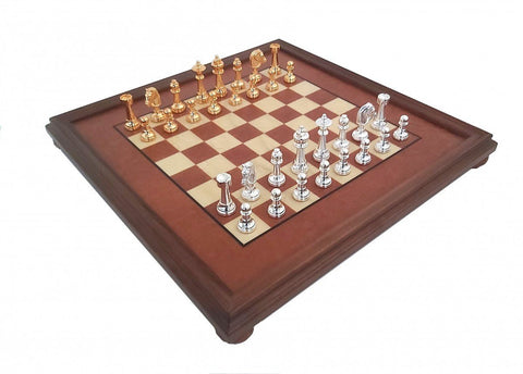 Italfama Gold & Silver-Plated Brass Chess Set, Burl Wood Board, Italy