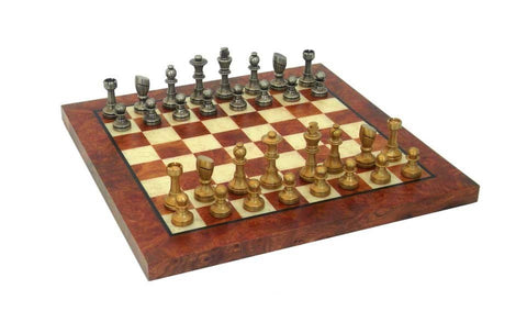Italfama Brass Chess Set, Gold & Silver, Elm Wood Board 30cm, Handmade