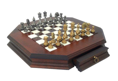 Italfama Handmade Brass Chess Set, Marble Wood Board with Drawer, Gold/Silver