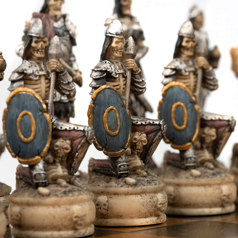 Skeleton Chess Set Hand-Painted Resin Pieces, Luxury Wood Board, Italy Italfama