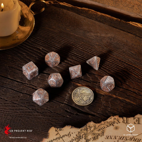 The Witcher Ciri RPG Dice Set by Q-Workshop – 7 Dice + Metal Coin, Grey Copper