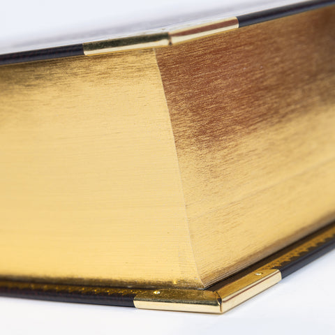 Gold and black rectangular object with a hinge on a white background