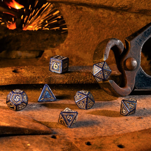 Q-Workshop Runic Dice Set 7pc Mixed Blue Gold Polyhedral RPG DnD
