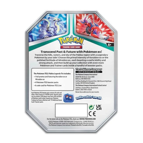 Pokemon TCG Paldea Legends Koraidon ex Tin Box – 4 Boosters English