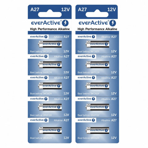 10x EverActive A27 27A 12V Alkaline Batteries for Remote & Key Fob