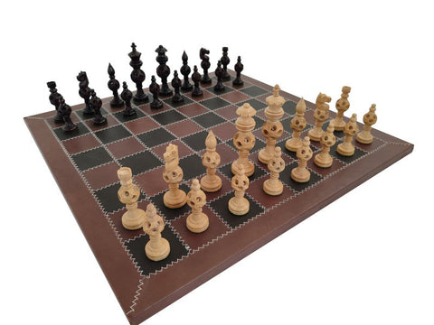 Italfama Ebony-Style Chess Set, Handcrafted, Real Leather Board 53x53cm Italy