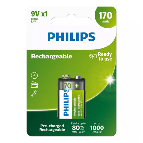 2x Philips 9V Rechargeable NiMH Batteries 170mAh 8.4V 6HR61