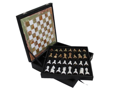 Italfama Onyx & White Marble Chess Set 12in Board, Leather Case, Italian