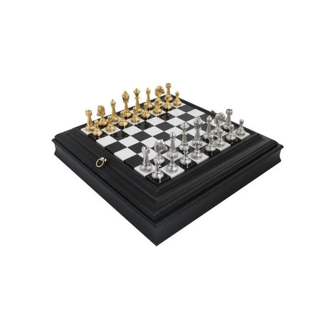 Italfama Brass Chess Set Marble Wood Board 42cm with Storage Italy