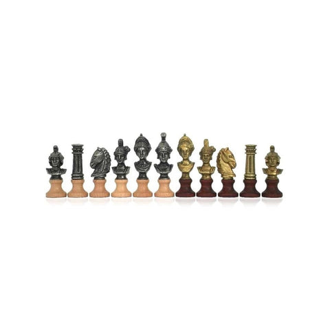 Italfama Roman Metal Wood Chess Set w Leather Board, Checkers, Backgammon