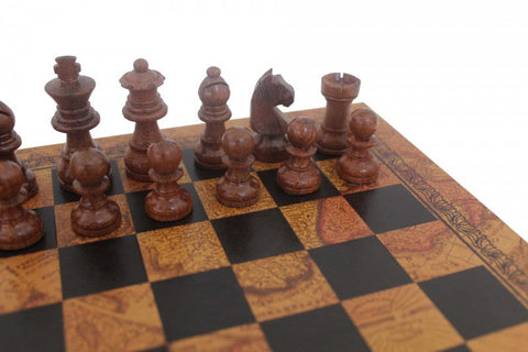 Italfama Magnetic Acacia Wood Chess Set w Map Design Leather Board