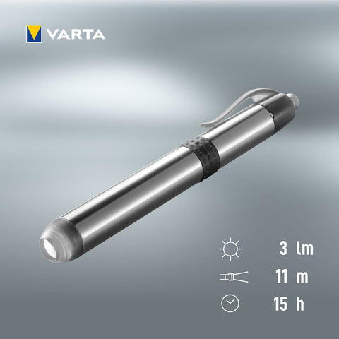 VARTA Pen Light LED Flashlight Aluminum Pocket Torch with AAA Battery