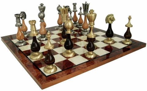 Italfama Luxury Brass & Wood Chess Set with Large Pieces, Elm Wood Board