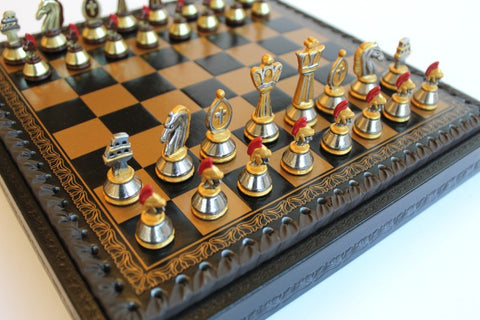 Roman Style Luxury Metal Chess Set with Board & Checkers Italfama