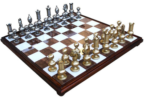 Italfama Luxury Brass Chess Set Large Pieces with Marble Wood Board