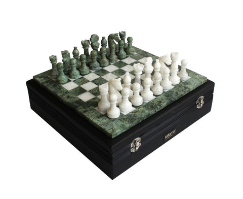 Italfama Italian Green White Marble Chess Set with Onyx Board & Case