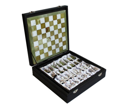 Italfama Handmade Marble Onyx Chess Set 23cm Board with Leather Case