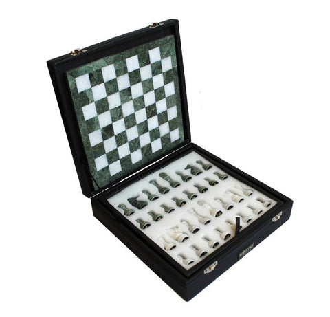 Italfama Green White Marble Chess Set with Leather Case, Handmade Italy