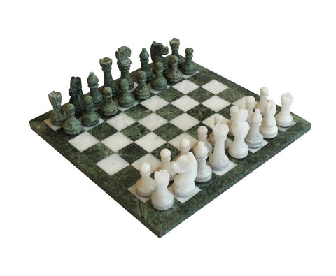 Italfama Green White Marble Chess Set with Leather Case, Handmade Italy