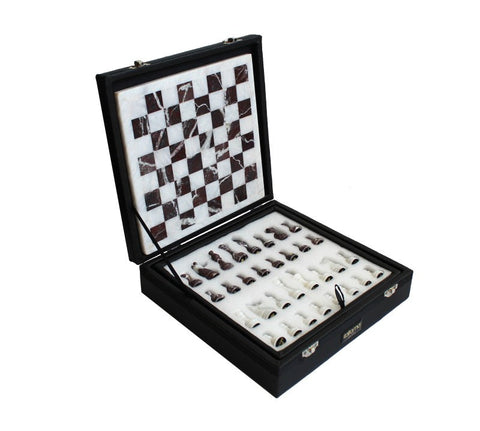 Italfama White Marble & Red Onyx Chess Set with Leather Case