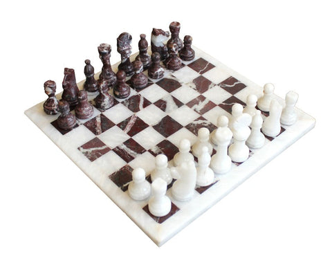 Italfama White Marble & Red Onyx Chess Set with Leather Case