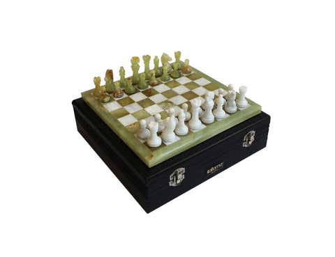 Italfama Handmade Marble Onyx Chess Set 23cm Board with Leather Case