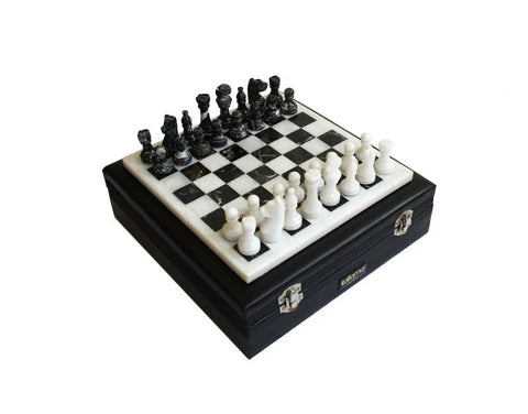 Italfama Handcrafted Black & White Marble Chess Set with Leather Case