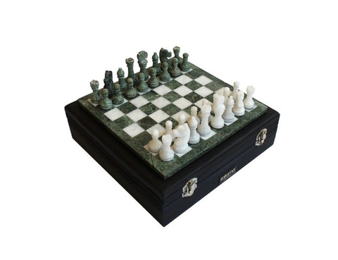 Italfama Green White Marble Chess Set with Leather Case, Handmade Italy
