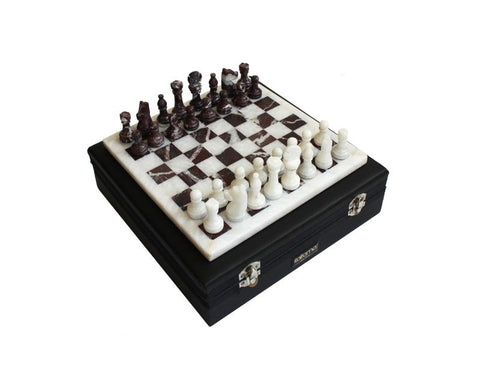 Italfama White Marble & Red Onyx Chess Set with Leather Case