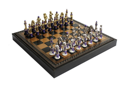 Italfama Metal Chess Set with Faux Leather Board, Checkers & Backgammon