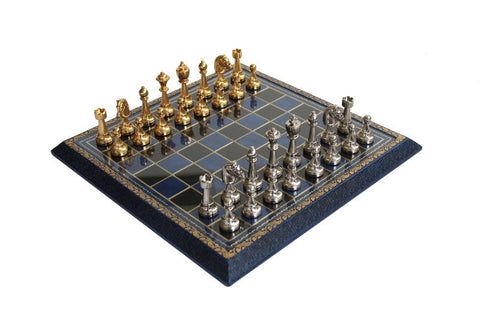 Luxury Brass Chess Set Blue Leather Glass Board Italfama Italy