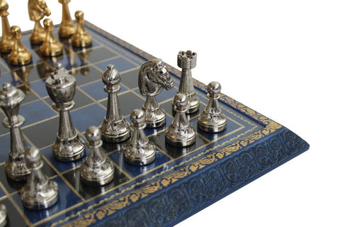 Luxury Brass Chess Set Blue Leather Glass Board Italfama Italy