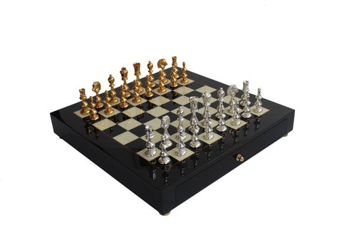 Italfama Luxury Brass Chess Set with Wood Board & Drawer, Made in Italy