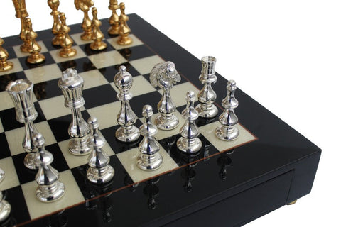 Italfama Luxury Brass Chess Set with Wood Board & Drawer, Made in Italy