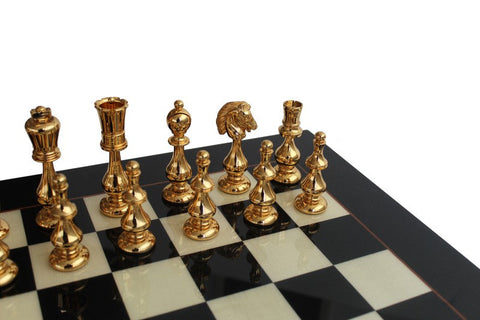 Italfama Luxury Brass Chess Set with Wood Board & Drawer, Made in Italy